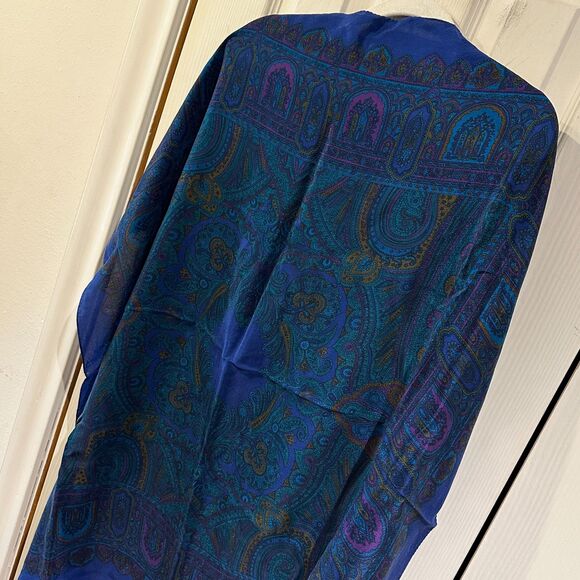 VTG Large Square Silk Cobalt Blue Teal Purple Jewel Toned Paisley Mosaic Scarf - Picture 10 of 16